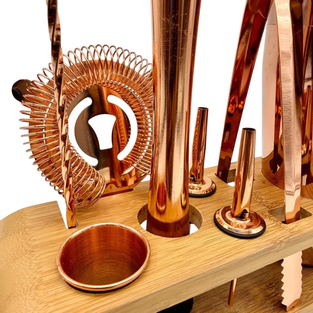 Mixology & Craft Bar‎ Set 10-Piece Rose Gold Cocktail Shaker Kit Bamboo Stand